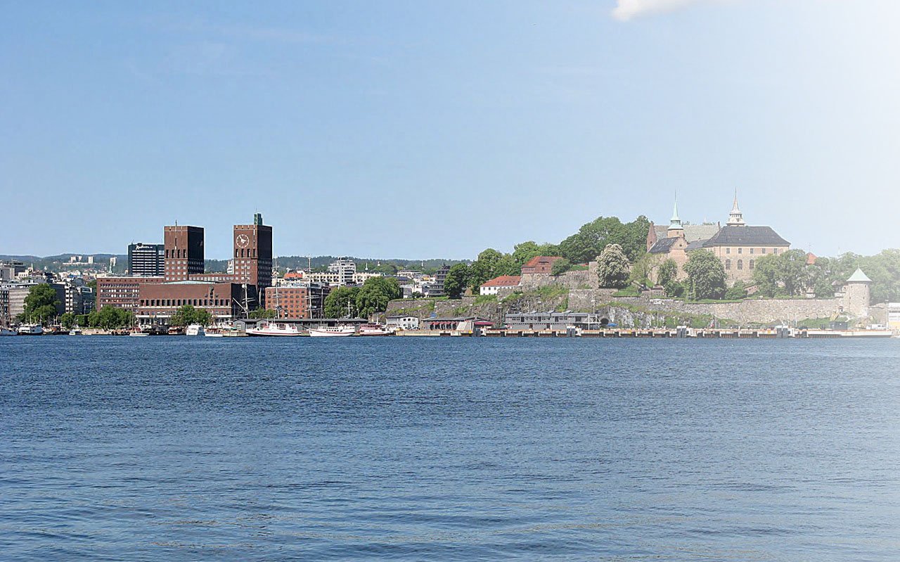 Bilde av Oslo Fjorden, i bakgrunnen kan du se Aker brygge, og Oslo rådhus 